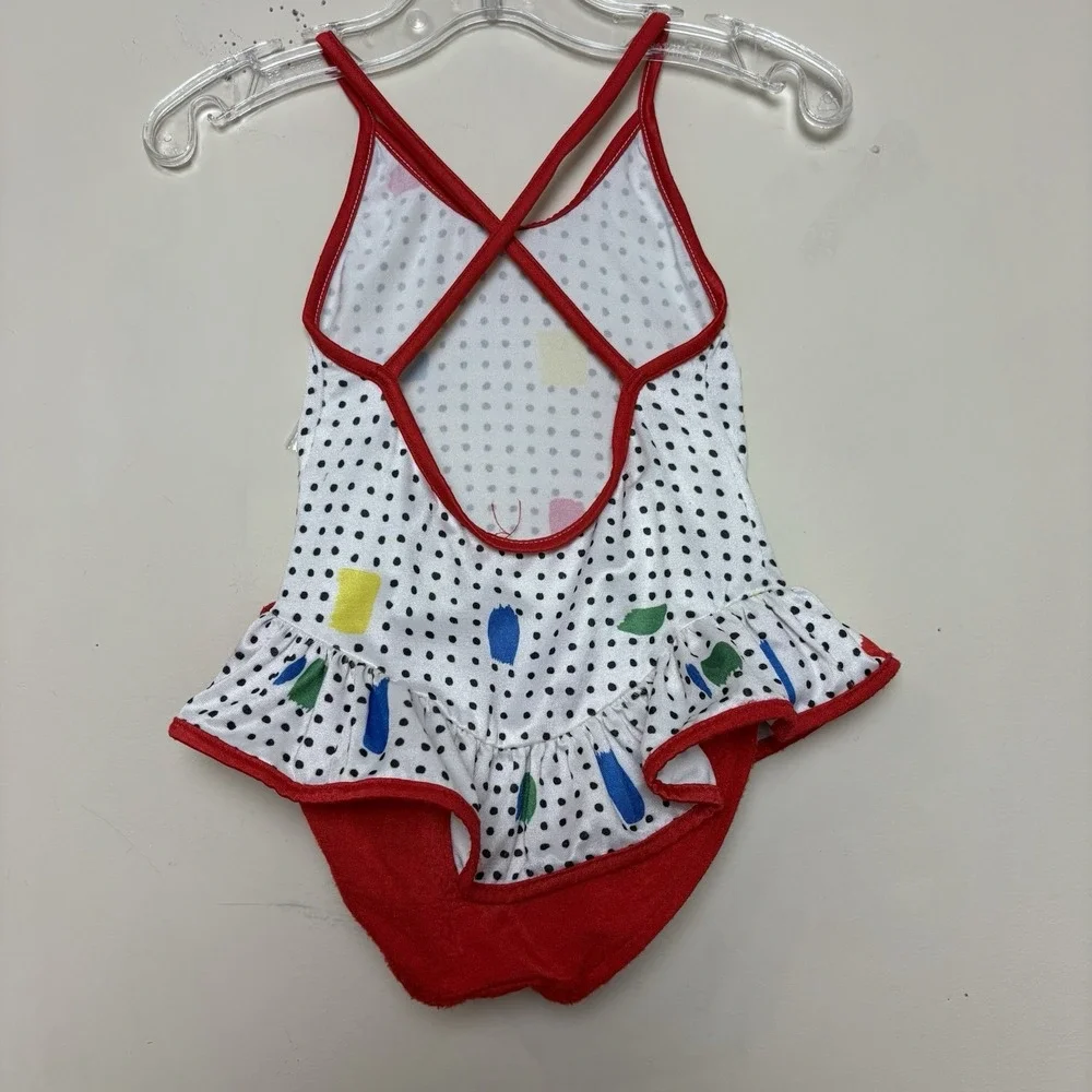 VTG Ruffle Bow Girls White Black PolkaDot Red Trim Swimsuit Bathing Suit 12-18M